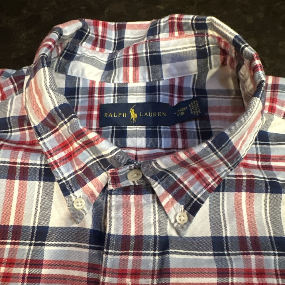 Ralph Lauren Mens 4XLT Plaid Short Sleeve Button Down Shirt Red White Blue Pony